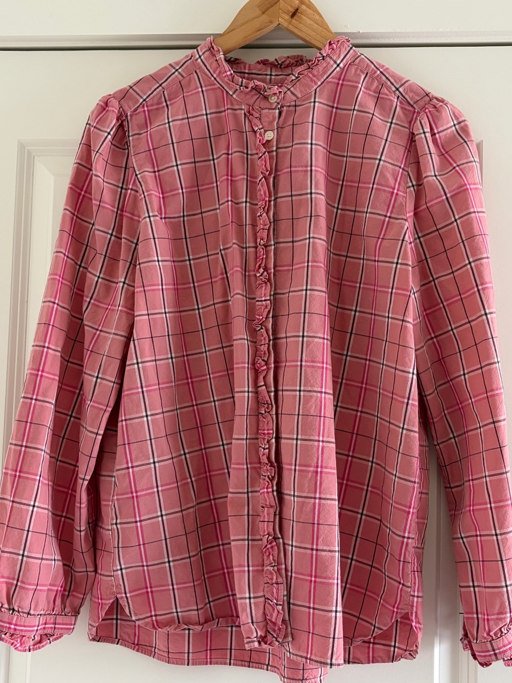 LOFT Pink Plaid Ruffle Button-Down Shirt